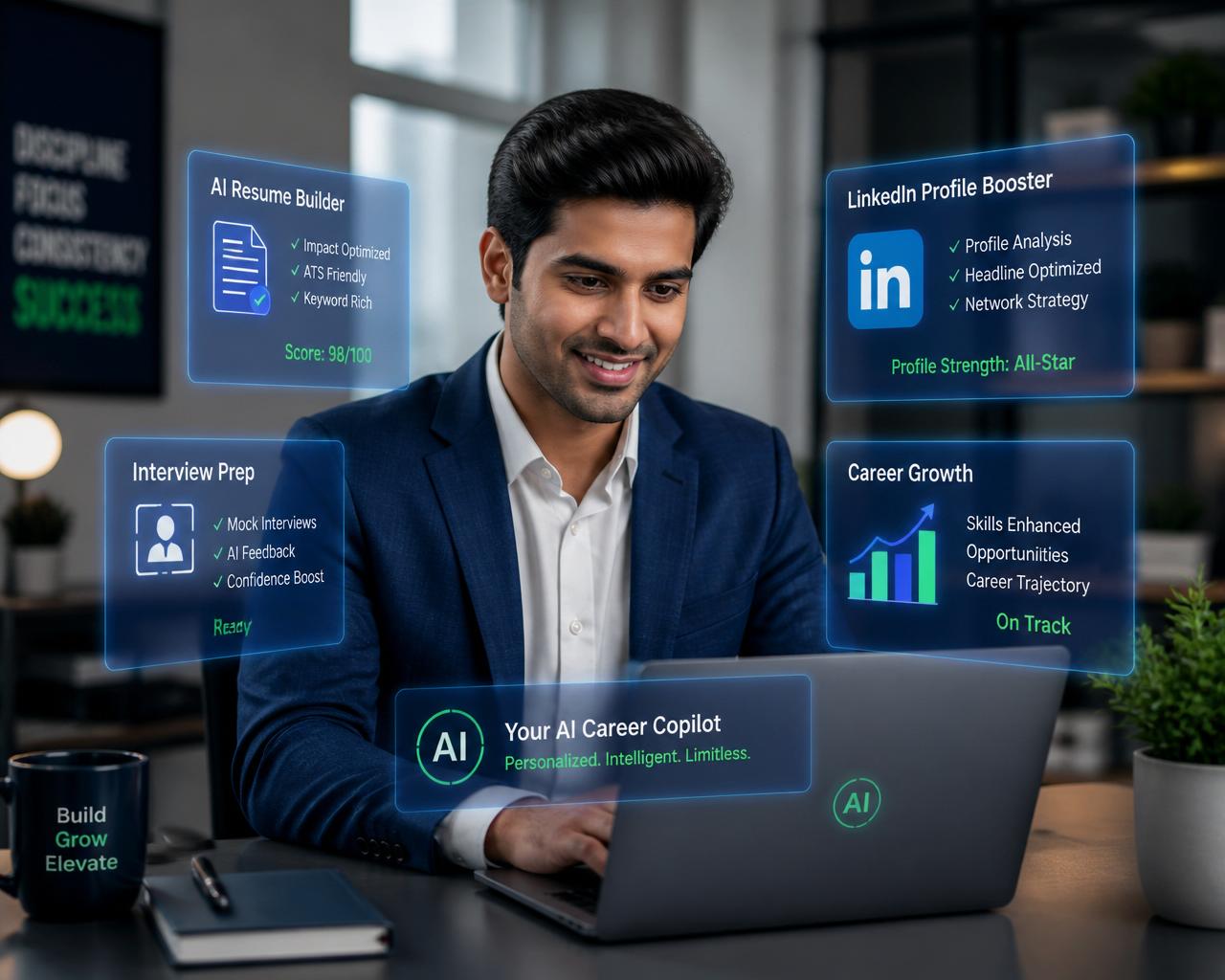 Professional using AI to improve resume, LinkedIn and interview preparation