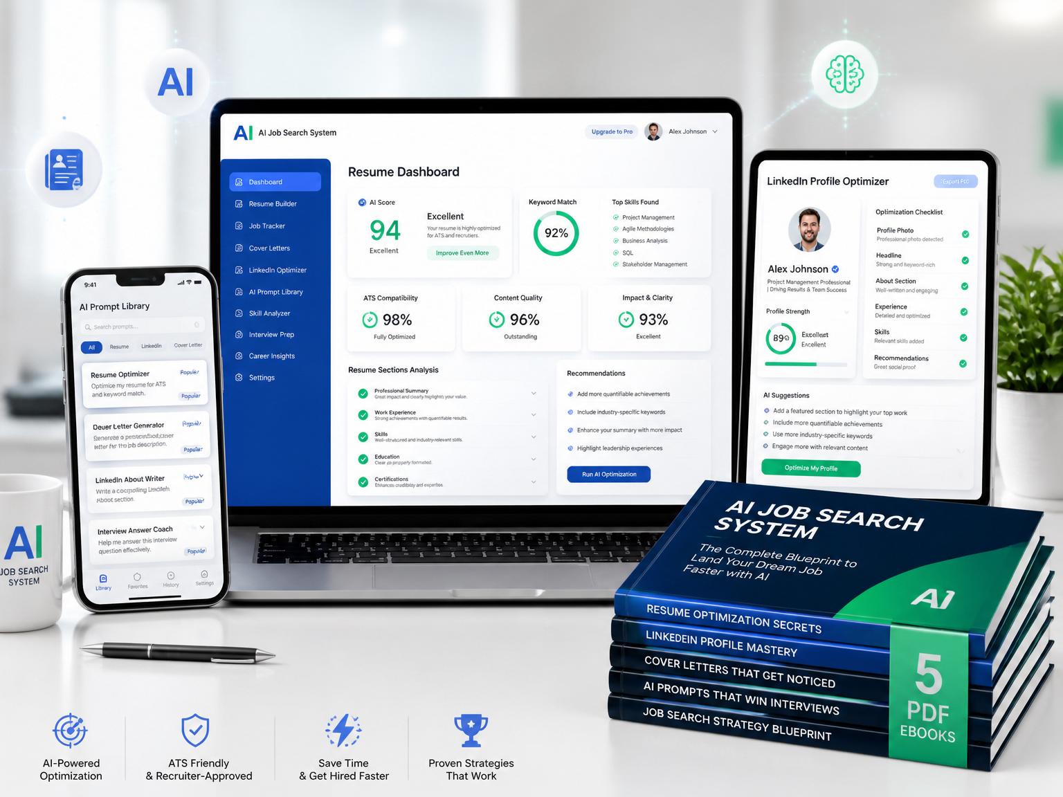 Get More Interviews AI Job Search System bundle: laptop, tablet, phone, and digital guides